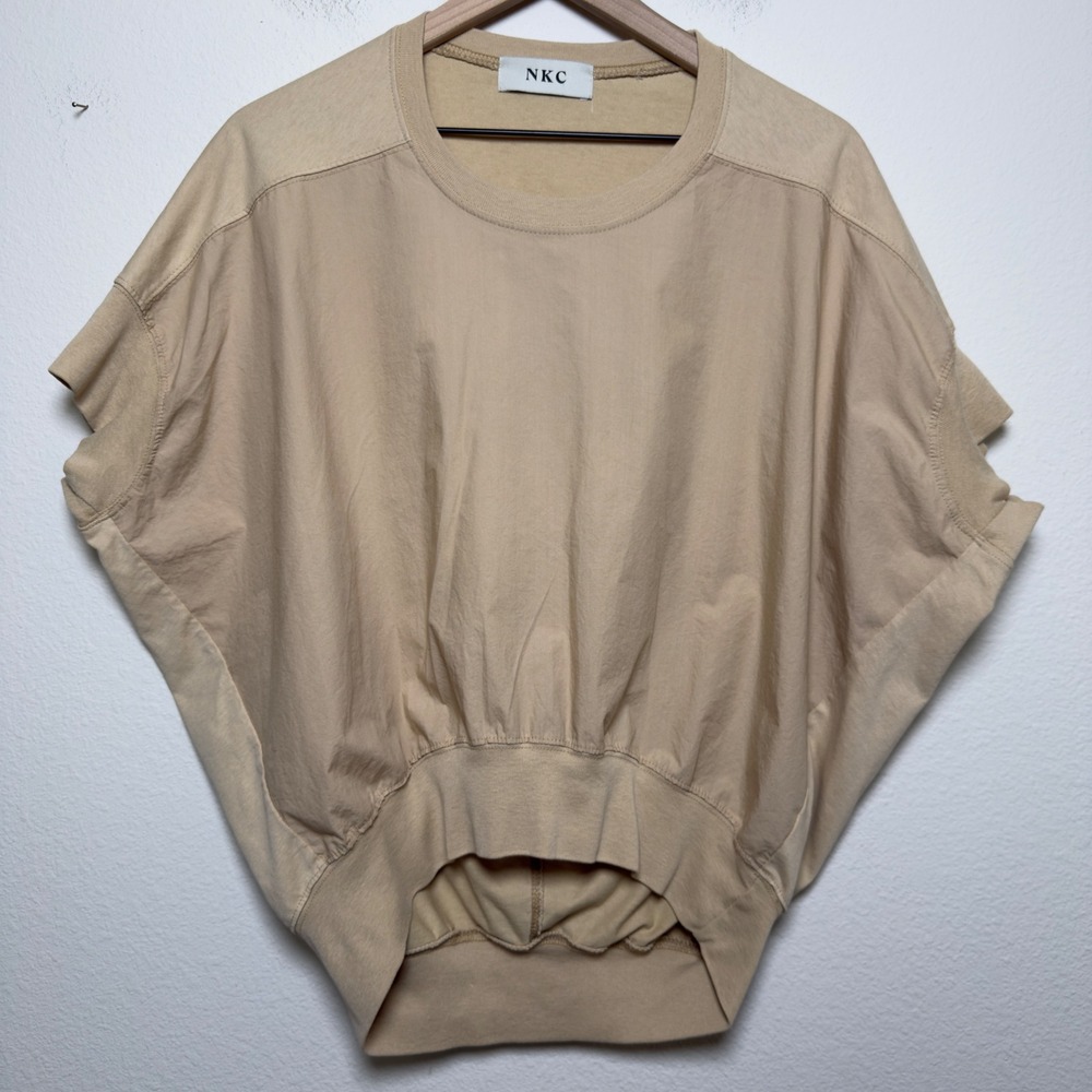 NKC Women 100% Cotton‎ Top Large Tan Batwing Short Sleeve Artsy Boho Lagenlook